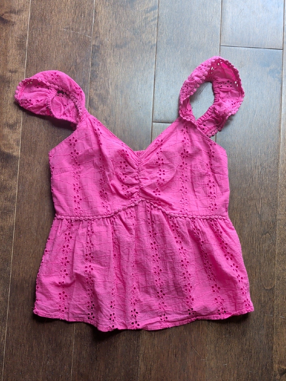Women's Pink Eyelet Ruffle Strap Top 100% Cotton